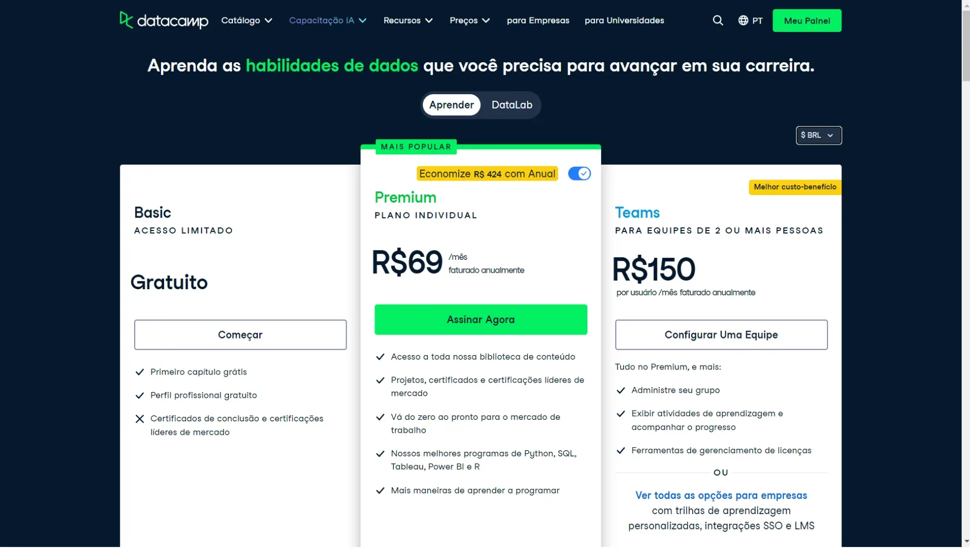 Preço DataCamp oficial caro